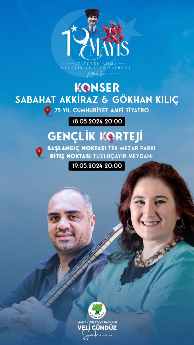 18 Mayıs Cumartesi Saat 20.00’de Ankara Mamak 75. Yıl Cumhuriyet Amfi Tiyatrosunda buluşalım. ÜCRETSİZ gerçekleşecek konserimizde türküleri halayları paylaşalım. @MamakBelediyesi @veligunduzsahin