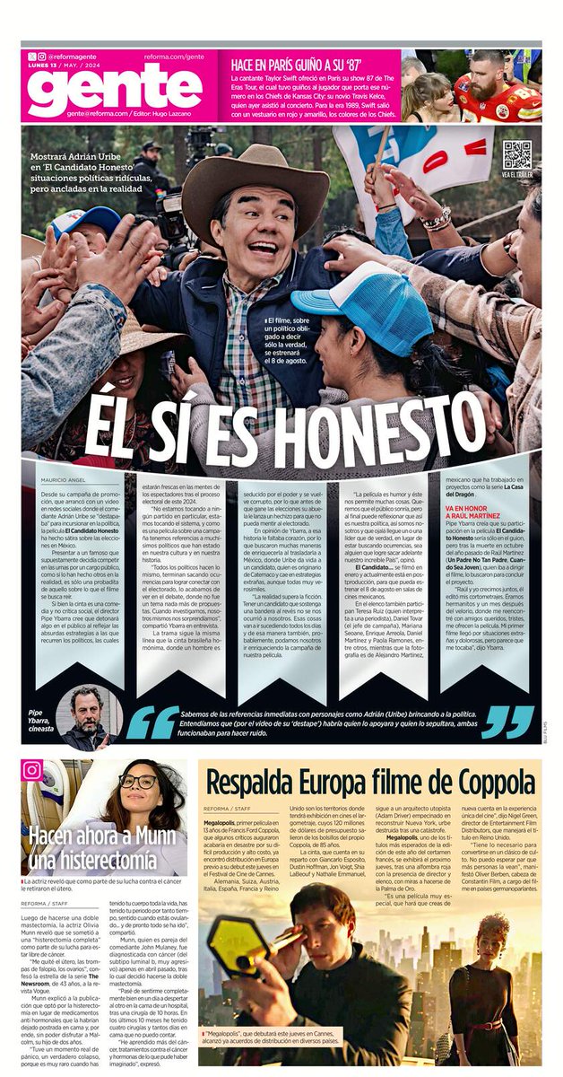 #EnPortada | Adrián Uribe (@AdrianUribe) muestra el lado rídiculo, pero realista, de la política en México en la cinta 'Un Candidato Honesto'. - 'Megalopolis', primera película de Francis Coppola en 13 años, consigue distribución en Europa.🎞️ - Olivia Munn revela que se