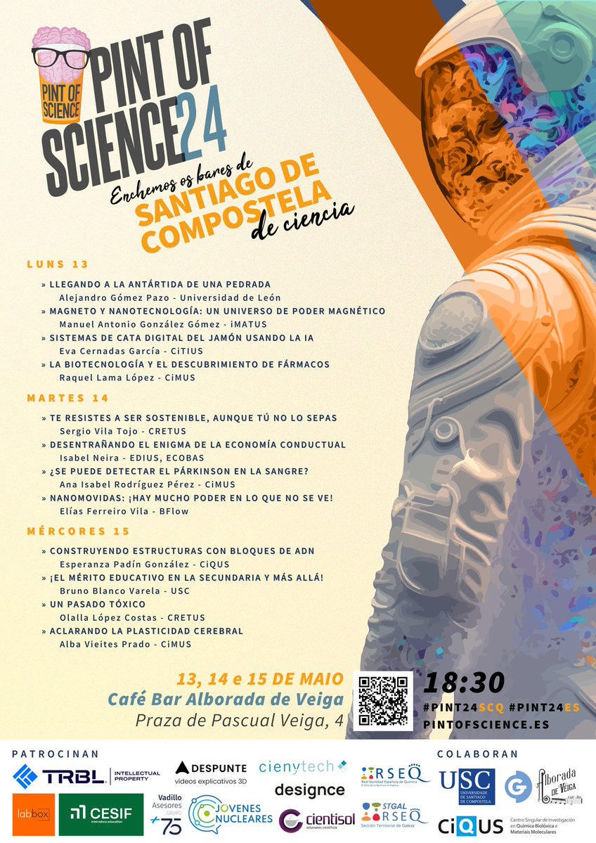 #CiQUSoutreach

🚨 A piques de arrancar #PINT24SCQ ...
O CiQUS colabora na nova edición que comeza esta tarde a partir das ⌚️ 18:30h no Café Bar Alborada de Veiga.

☝️Unha pinta de ciencia, por favor! #PINT24ES