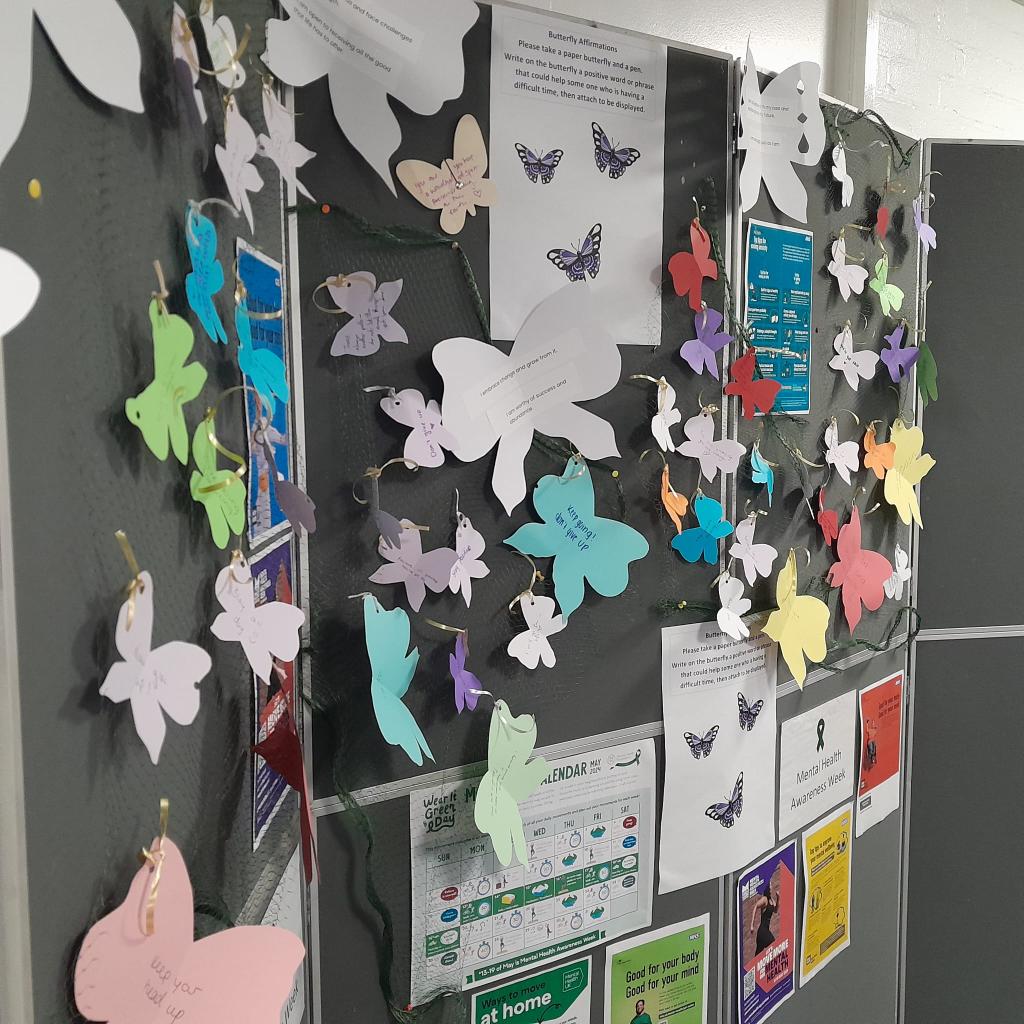 🦋Lots of butterfly affirmations written today. There's so much on offer on college to support students' mental health and wellbeing. Students please check your MSTeams for a list of all the activities for #MentalHealthAwarenessWeek #excellence #support #inspiration