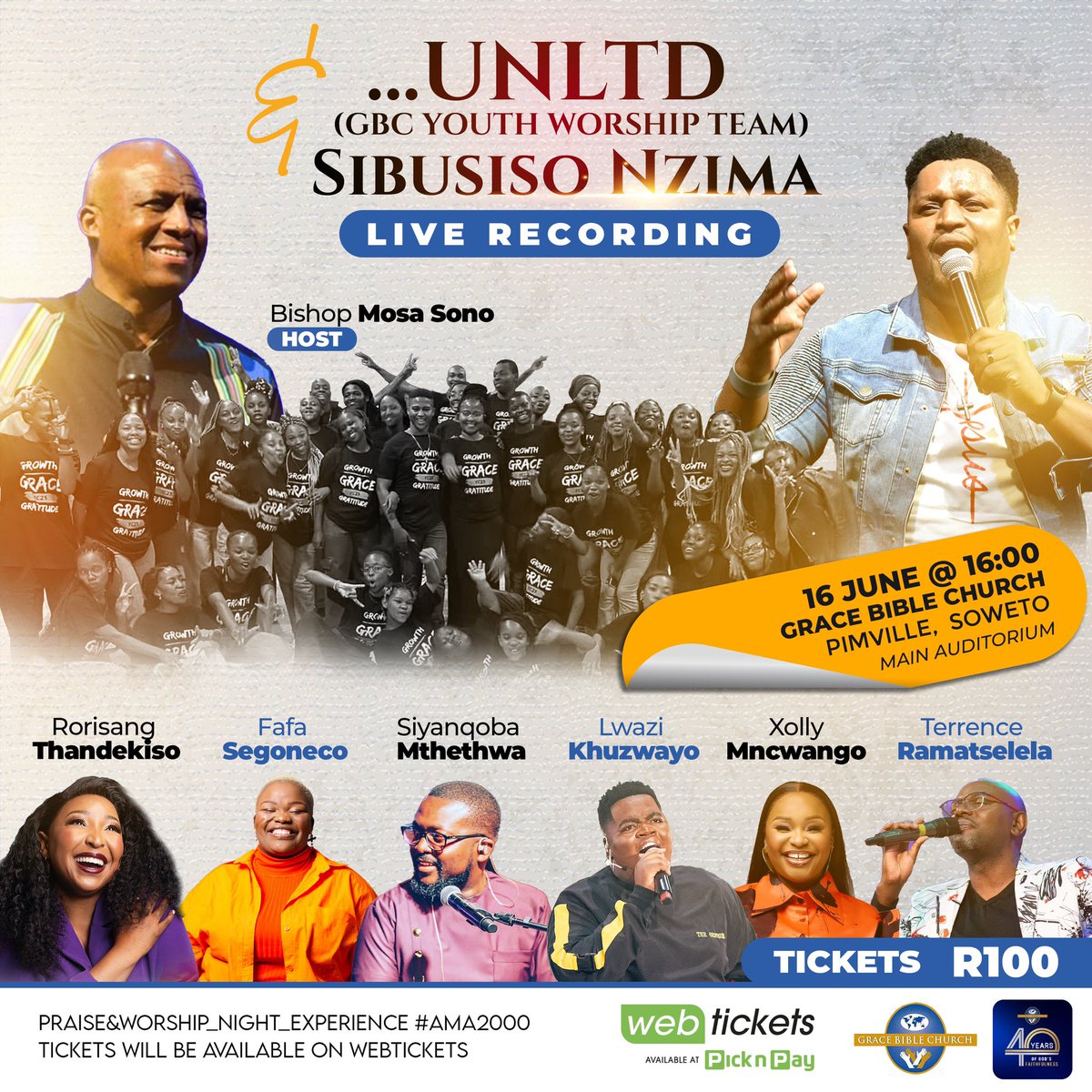 Join us for the live recording of ... UNLTD (GBC Youth Worship Team) with Sbu Nzima.

Secure your spot for R100 through Webtickets or Pick 'n Pay. 

This isn't just another live recording but a chance to be part of a Spirit-filled movement, a memory that will echo through time.