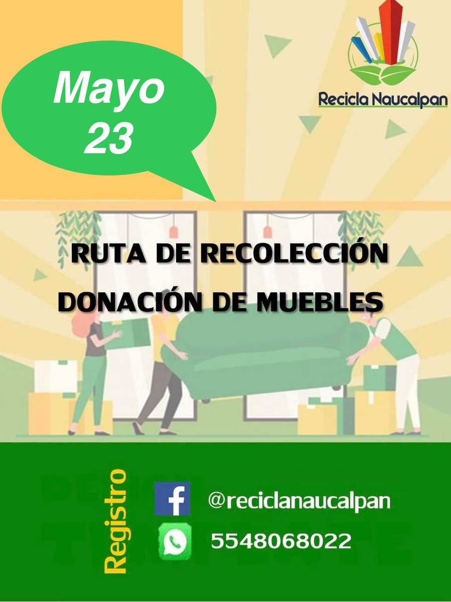 ¿Tienes alguna mesa, escritorio, colchón que ya no utilices? Recicla Naucalpan puede pasar a recogerlo a tu domicilio para darle un segundo uso. Aprovecha la próxima ruta del 23 de Mayo 🍀♻️ #economiacircular