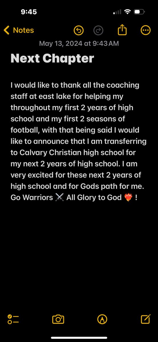 I will be transferring to Calvary Christian high school for my next 2 years of high school ! Next Chapter 🤘🏾 ! @Coach_Ronacher  @wessaff14      @Calvary_FB  #AGTG #co26 #db #GoWarriors⚔️