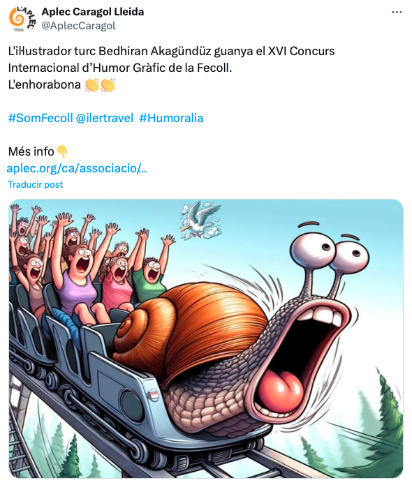 respetocanas's tweet photo. Imagina ser uno de los más de 500 dibujantes que cada año presentan una viñeta (o más) a un concurso de humor gráfico sobre caracoles. Que te curres las viñetas porque mira, te hace ilusión.

Y que gane un tipo que ha usado Inteligencia Artificial

Vaya  😰 https://t.co/rJZpoXKvqP