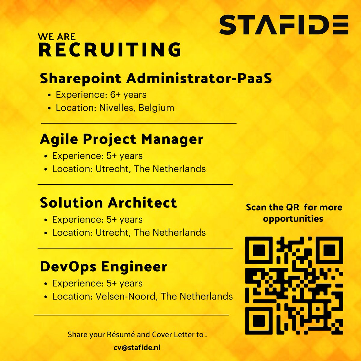 Join the journey of innovation at Stafide! We're looking for talented individuals to join our dynamic team. 

Send your Résumé and Cover Letter to - cv@stafide.nl
#netherlandsjobs #AmsterdamJobs #nljobs #recruitment #career #CareerOpportunity #TechCareers #BuildTheFuture