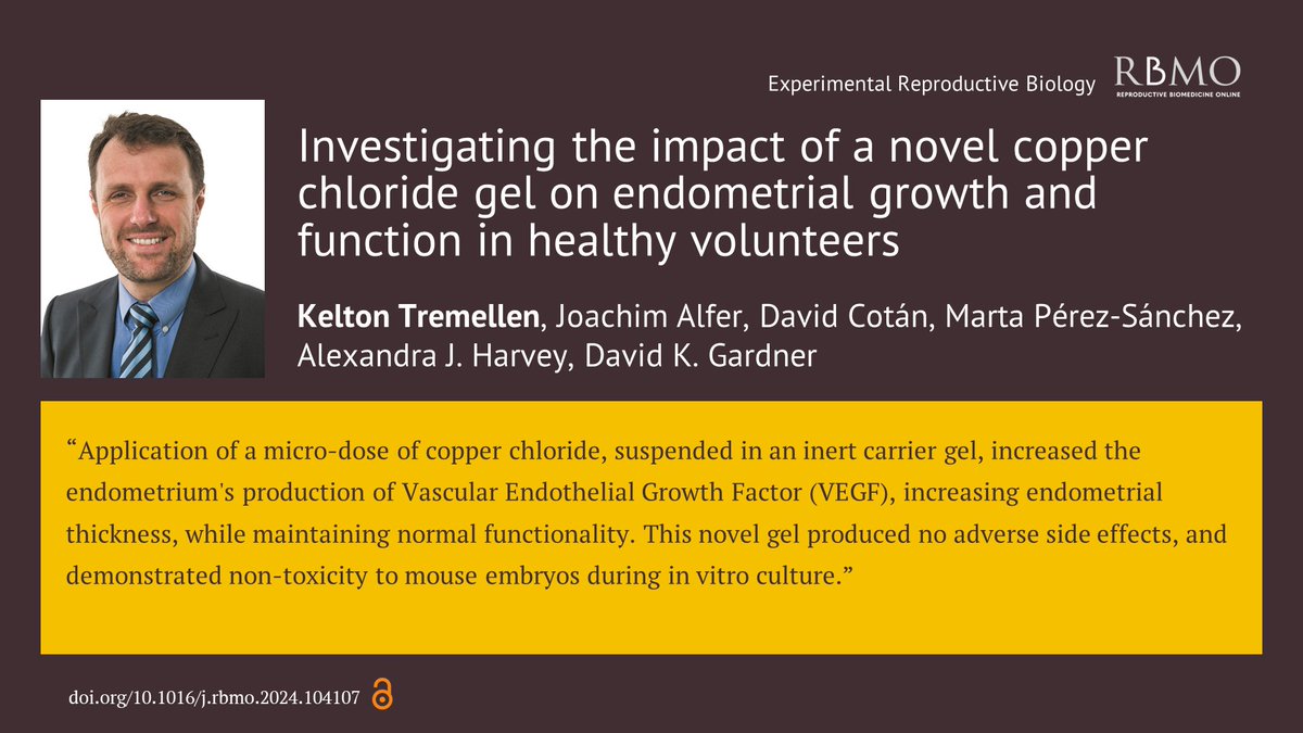 A new study confirms that application of a single micro-dose of copper chloride gel to the endometrium of healthy volunteers results in an increase in endometrial growth and VEGF production without adverse impact on endometrial or embryo development. doi.org/10.1016/j.rbmo…
