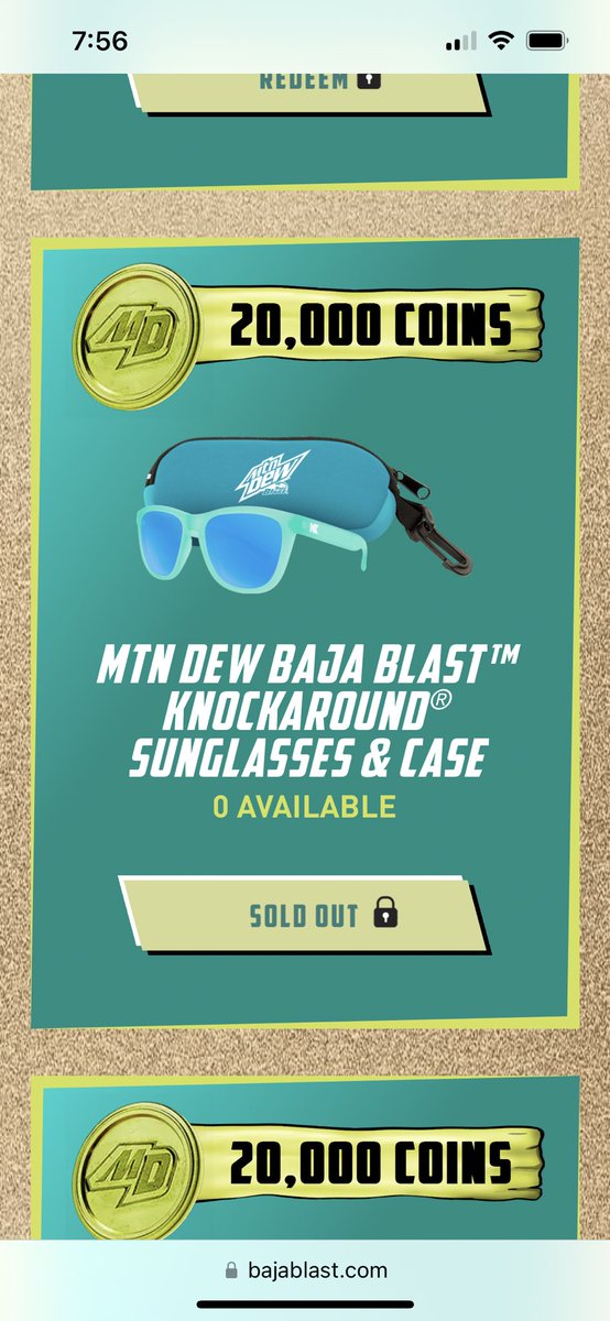 I’ve been scanning @MountainDew Baja Blast every day since January in hopes of getting Baja blast sunglasses and the day that I’m 40 points away from them they sell out 😭😭