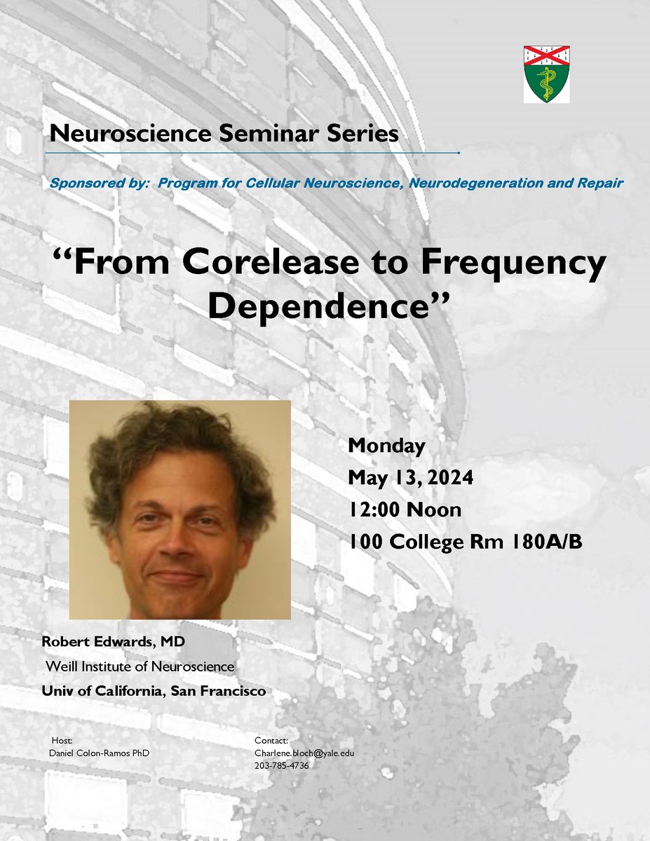 Join us today at noon for the last Yale Neuroscience Seminar of the academic year! Dr. Robert Edwards from @USCF Weill Institute for Neurosciences will present 'From Corelease to Frequency Dependence.' Hosted by @dacolon and sponsored by CNNR