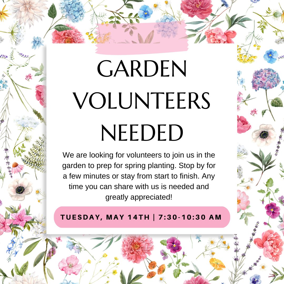 Come join the garden committee tomorrow morning 7:30-10:30 for our spring garden clean-out. This is come and go as your schedule allows.  No green thumb required! Just a desire to help make a difference in our garden. Bring your coffee and come meet new friends!