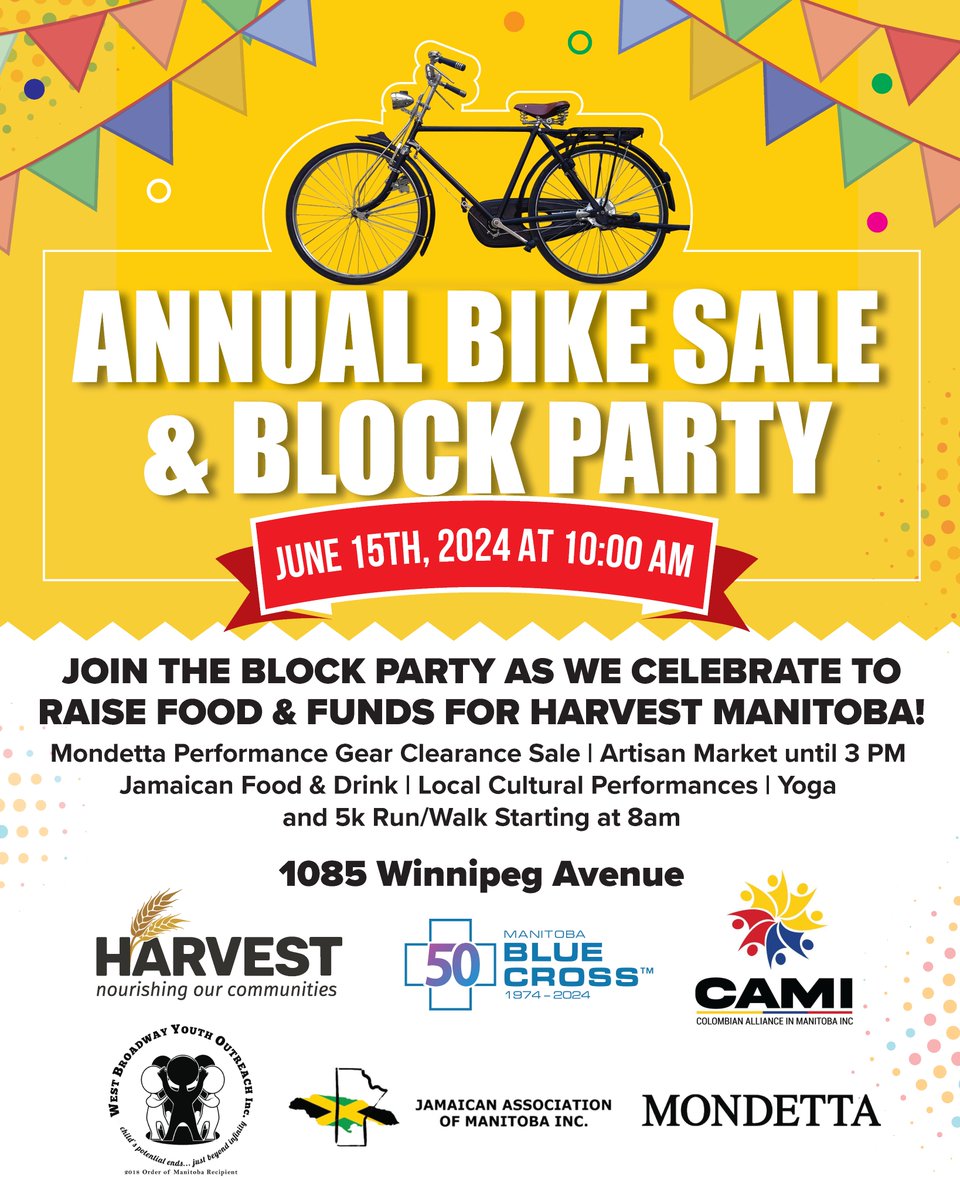 Harvest Manitoba (@harvestmanitoba) on Twitter photo Save the date for a wheely good time at our annual bike sale & block party on June 15th, starting at 10 am at 1085 Winnipeg Avenue! 🚴♀️
We're partnering with the Jamaican Association of Manitoba, <a href="/MPGSport/">MPG | Sustainable Activewear</a>, <a href="/MBBlueCross/">Manitoba Blue Cross</a>, <a href="/WBYOKids/">WBYO Kids</a>, and Colombian Alliance in Manitoba for a Save the date for a wheely good time at our annual bike sale & block party on June 15th, starting at 10 am at 1085 Winnipeg Avenue! 🚴♀️
We're partnering with the Jamaican Association of Manitoba, <a href="/MPGSport/">MPG | Sustainable Activewear</a>, <a href="/MBBlueCross/">Manitoba Blue Cross</a>, <a href="/WBYOKids/">WBYO Kids</a>, and Colombian Alliance in Manitoba for a