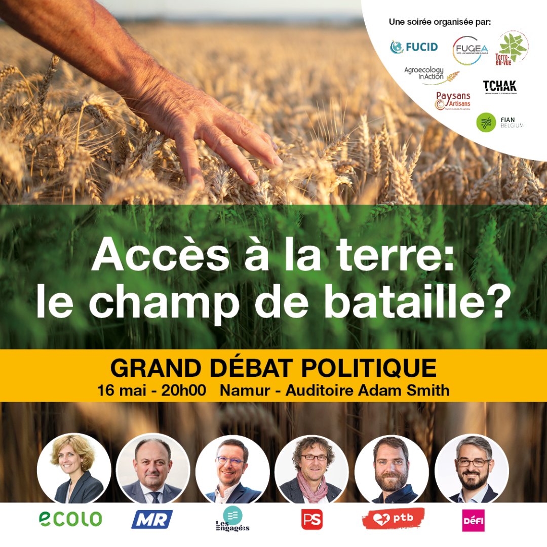 👨‍🌾🧑‍🌾Accès à la terre : le champ de bataille ?🌾🚜 Grand Débat Politique - Jeudi 16 mai ⏰ Il est encore temps de vous inscrire pour le grand débat de ce jeudi soir à Namur ! 🚗 Organisez votre voyage en covoiturage par ici : togetzer.com/covoiturage-ev…