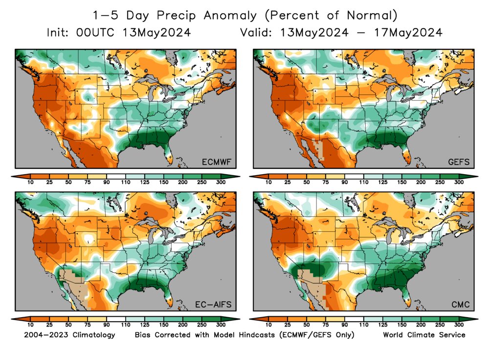 4 of 4 models agree (map provided by @WorldClimateSvc) that below-normal precipitation is likely in the Northern portions of core US #corn and #soybean growing regions of the US.  Wetter than normal across more Southern and Eastern regions.

#agwx #oatt
