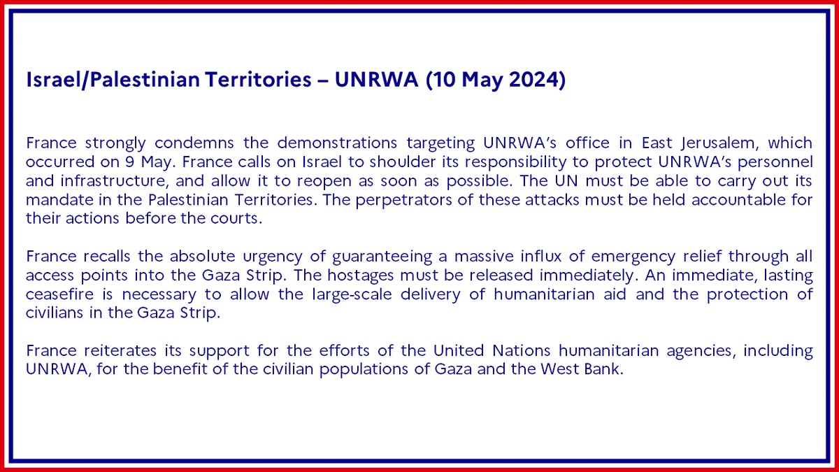 #Israel #PalestinianTerritories | France strongly condemns the demonstrations targeting UNRWA’s office in East Jerusalem, which occurred on 9 May. Statement ➡️ fdip.fr/IYFS9MGm