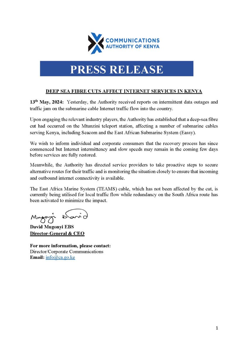 Update: Press Release on Deep Sea Fibre Cuts Affecting Internet Services in Kenya. @ntvkenya @NationAfrica @citizentvkenya @KBCChannel1 @K24Tv @StandardKenya @PeopleDailyKe @TheStarKenya @CapitalFMKenya @Mugonyid @marywambui_m @MoICTKenya @EliudOwalo @ekisiangani