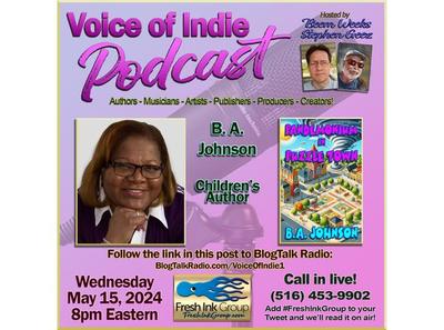 B. A. Johnson @BAJohnsonSassy1 VOICE OF INDIE #Podcast @FreshInkGroup hosts @StephenGeez @BeemWeeks May 15, 2024, 8PM EST! blogtalkradio.com/voiceofindie1/… #sassy #author #puzzle #pandemonium #bookboost #BookLovers #writerwednesday #books #mustread #booktwt #IARTG #ASMSG b @VoiceOfIndie