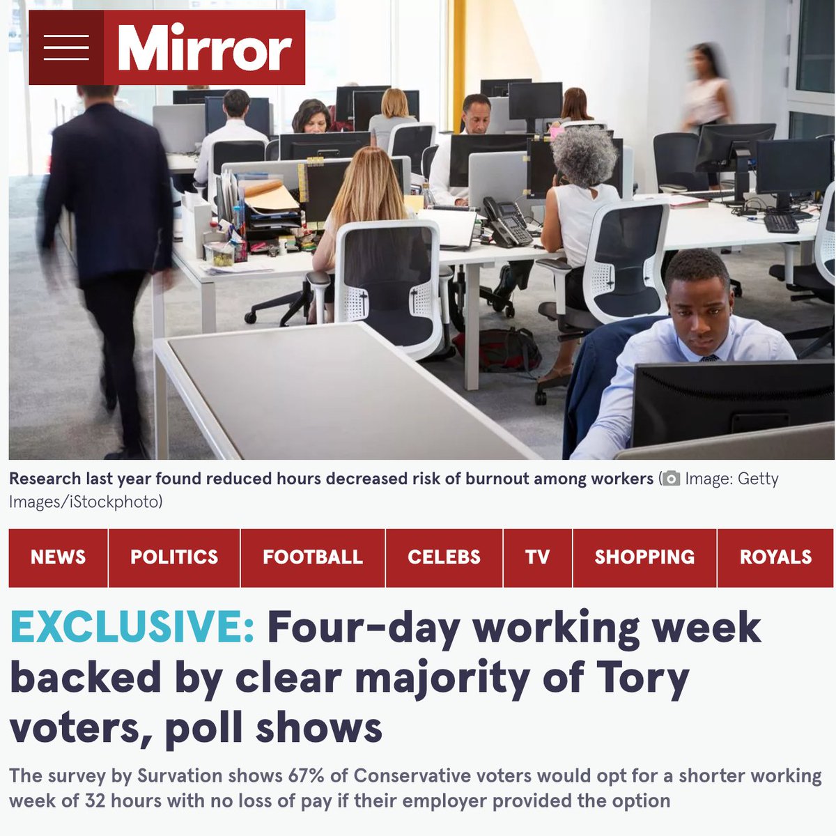 The country is crying out for real progressive change. 67% of Conservative voters want a four-day work week. That's because it improves mental health, supports the economy, and helps tackle the climate crisis. A no-brainer of a policy.