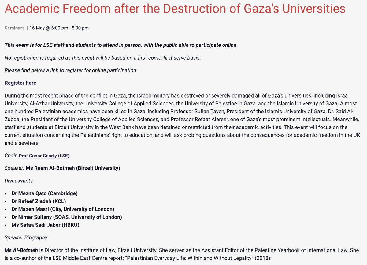 Thursday 6-8pm @LSELaw 'Academic Freedom after the Destruction of Gaza’s Universities' Reem Al-Botmeh (Birzeit University) as speaker & @meznaqato @RafeefZiadah Mazen Masri @NimerSultany, Safaa Sadi Jaber as discussants. Chair @conorgearty Register here: lselaw.events/event/academic…