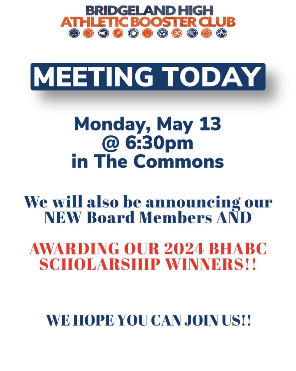 REMINDER — Athletic Booster Club meeting today at 6:30pm!