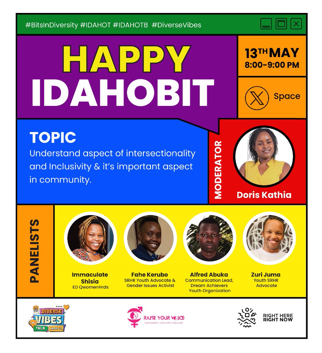 Join us tonight at 8pm for an insightful conversation on intersectionality and inclusion! Let's embrace diverse perspectives to strengthen our communities. #BitsInDiversity #IDAHOT #IDAHOTB #DiverseVibes @Nairobits @raiseyourv_oice @lovematterskenya @kenyasrhr @nayakenya