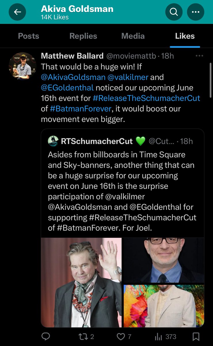 😲my my! Mr. @AkivaGoldsman has liked and retweeted my tweet! So maybe he along with @EGoldenthal and @valkilmer could make an appearance online while we get #ReleaseTheSchumacherCut trending on June 16th. May never know, but we’ll see. Thanks sir 🫡