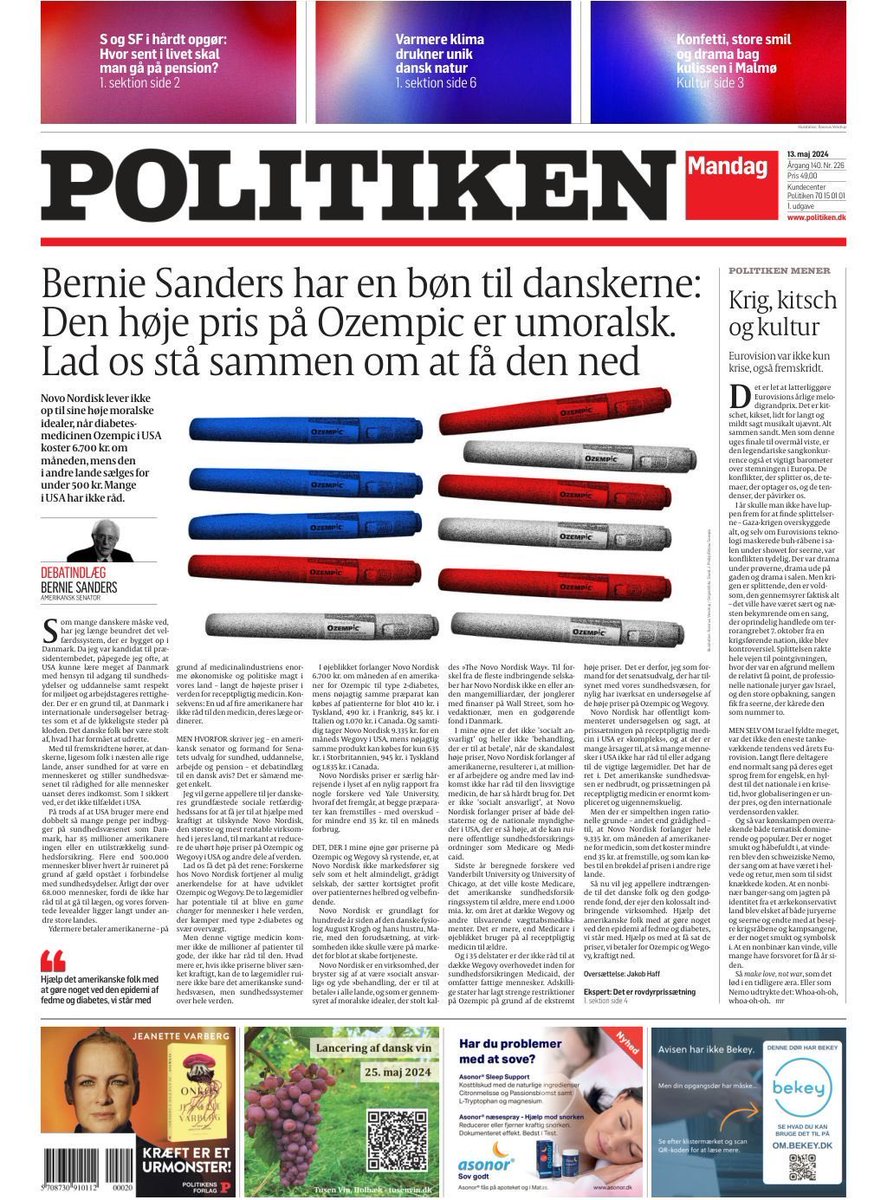 @SenSanders on the front page of a Danish newspaper: “I would like to appeal to Denmark’s longstanding commitment to social justice to win your help in urging Novo Nordisk to substantially reduce the high price of Ozempic and Wegovy in the U.S. and other parts of the world.”