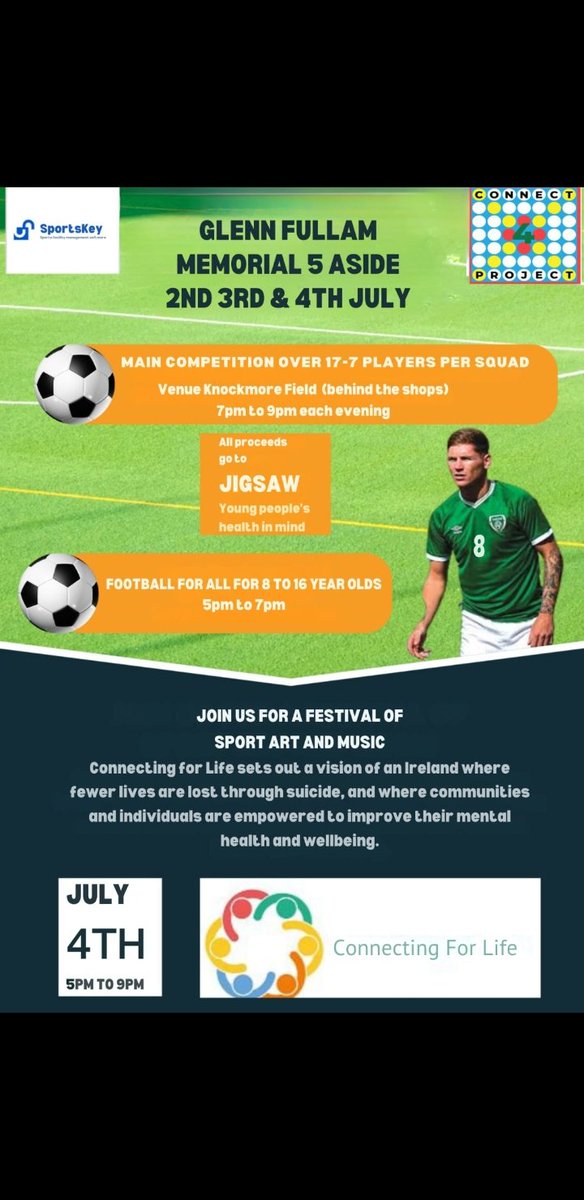 Event!!! Delighted to announce the Glenn Fullam Memorial @wearesportskey cup 🏆 please see poster for details as we welcome #connecting4life for fun games festivaland more💪more details to follow @SDC_Partnership @TallaghtT #positivementalhealth