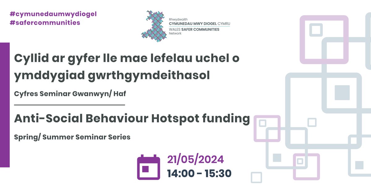 We are really looking forward to hearing about the process and opportunities for the ASB Hotspot funding, during the next session of the Spring/Summer Seminar series! If you are not already registered, please register your attendance - safercommunities.wales/spring-summer-…