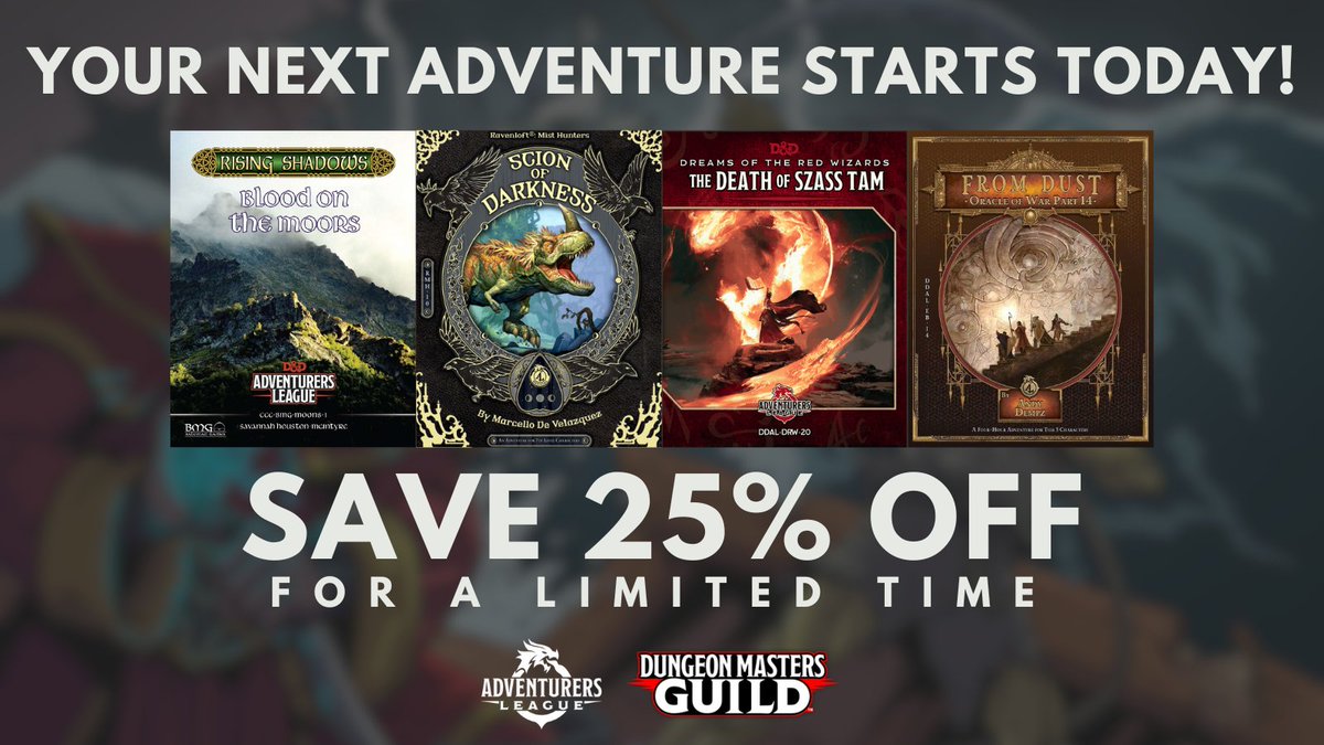 Your next D&D Adventure Starts today! Save 25% on more than 1400 PDFs and @roll20app VTT Adventures for a limited time! Get 'em here: tinyurl.com/5xtr946n Plus, check out @baldmangames Virtual D&D Weekend here: tinyurl.com/3wc8s4u8 #dnd5e #dungeonsanddragons
