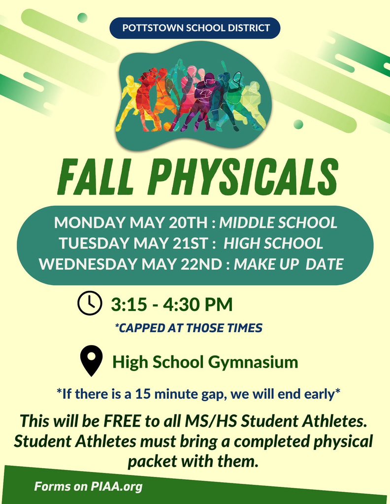 Pottstown Middle School/high school free sports physical for next year 24/25 one physical will be good for the entire year @PottstownTrojan @pottstownschool @pottstownhs @PottstownTeach @PottstownMS @WEB_PottstownMS