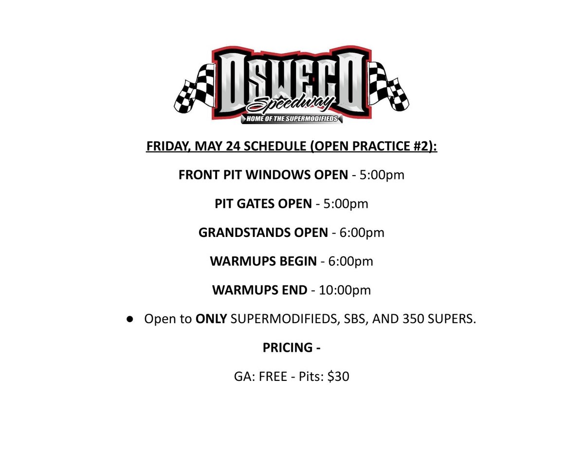Open Practice Time Schedules ⬇️

🕐 Saturday, May 18th: 1 to 5pm
🕔 Friday, May 24th: 6 to 10pm

Grandstands OPEN and FREE! 🏁

#SteelPalace | #Supermodifieds