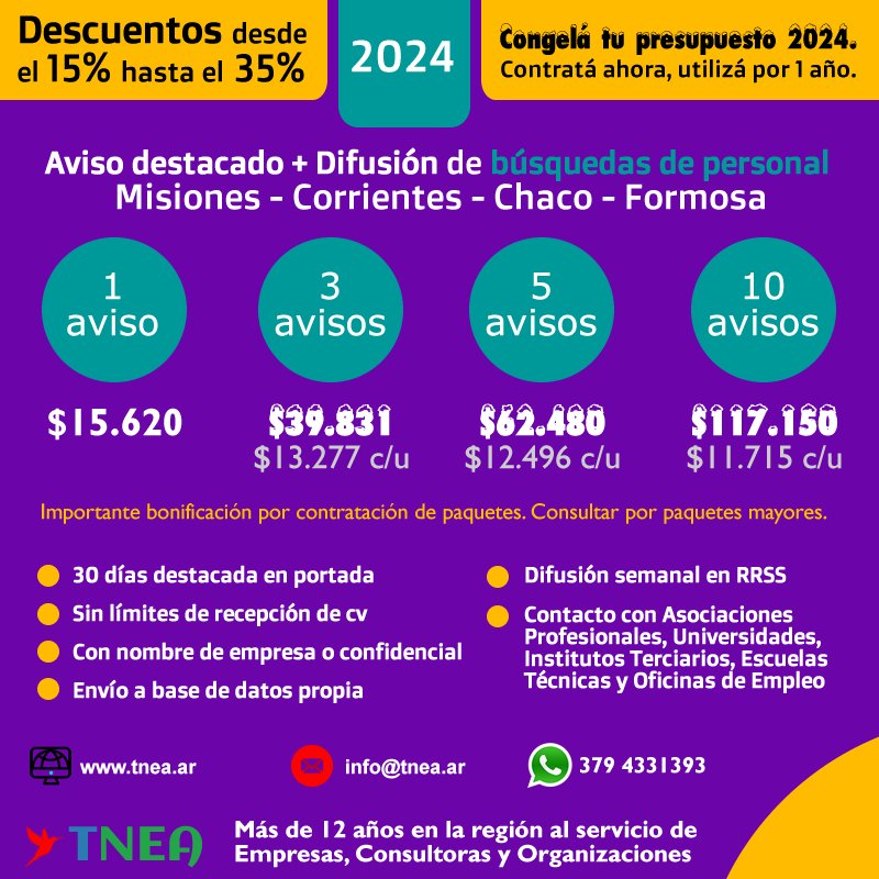 🟣🟡 Congelá tu presupuesto 2024, contratá ahora - utilizá por 1 año.

#Misiones #Corrientes #Chaco #Formosa

👉 Detalle del servicio: bit.ly/TNEA_aviso-des…

➡ Comunicate:
📲 Móvil / Wpp: 3794331393 > wa.link/xkwvuk
📧 info@tnea.ar
🌎 tnea.ar

#TNEA