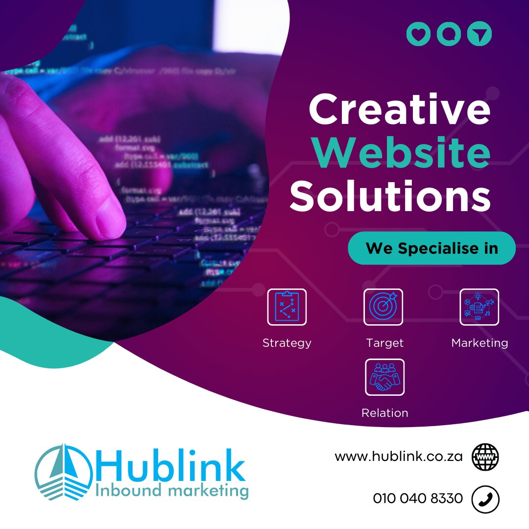 Discover our creative website solutions, specializing in strategy, targeting, marketing, and relationship building. 🌐✨ Visit our website @ hublink.co.za or call us on: 010 040 8330 #digitalmarketing #hublink #CreativeWebSolutions #DigitalStrategy