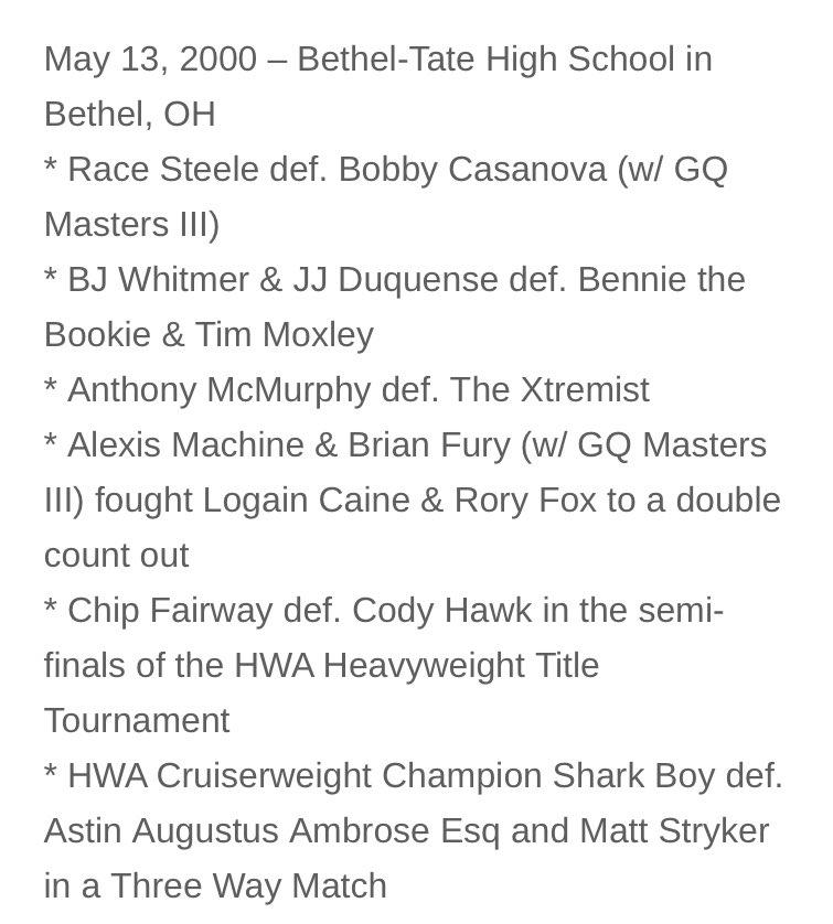 Today in @HWAOnline history 

2000 in Bethel, OH feat. @roryfox_ @CodyFnHawk @SharkBoy24_7 + Chip Fairway, Race Steele, Logan Caine and more!

Full results: