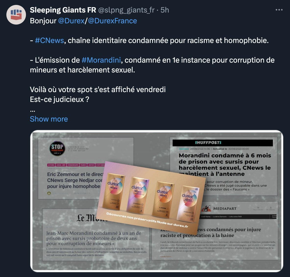 Bonjour @DurexFrance/@durex Ne vous laissez pas dicter votre conduite par le collectif politique militant @slpng_giants_fr. Respectez plutôt vos clients quels que soient les médias qu'ils apprécient, la neutralité fait partie de la qualité !