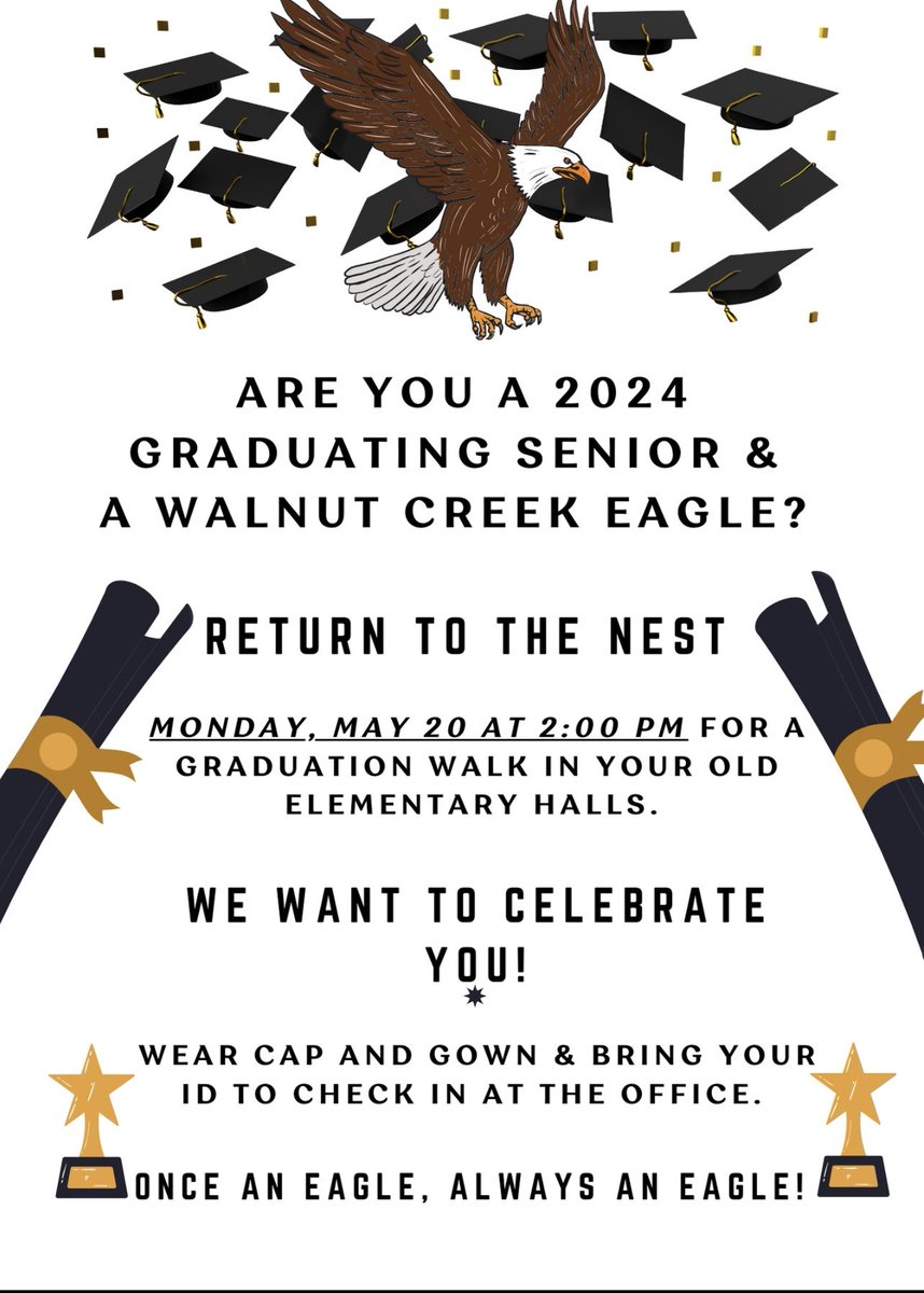 Calling all eagles! 🦅🦅 Are you a graduating senior? 🧑‍🎓Return to the nest for a Legacy Walk in your elementary school, <a href="/WalnutCreekATX/">Walnut Creek Early College Prep Elementary School</a>! <a href="/Secondary_AISD/">AISD Secondary School Leadership</a> <a href="/AngelWilson36/">Angel Wilson, Ed.D.</a>