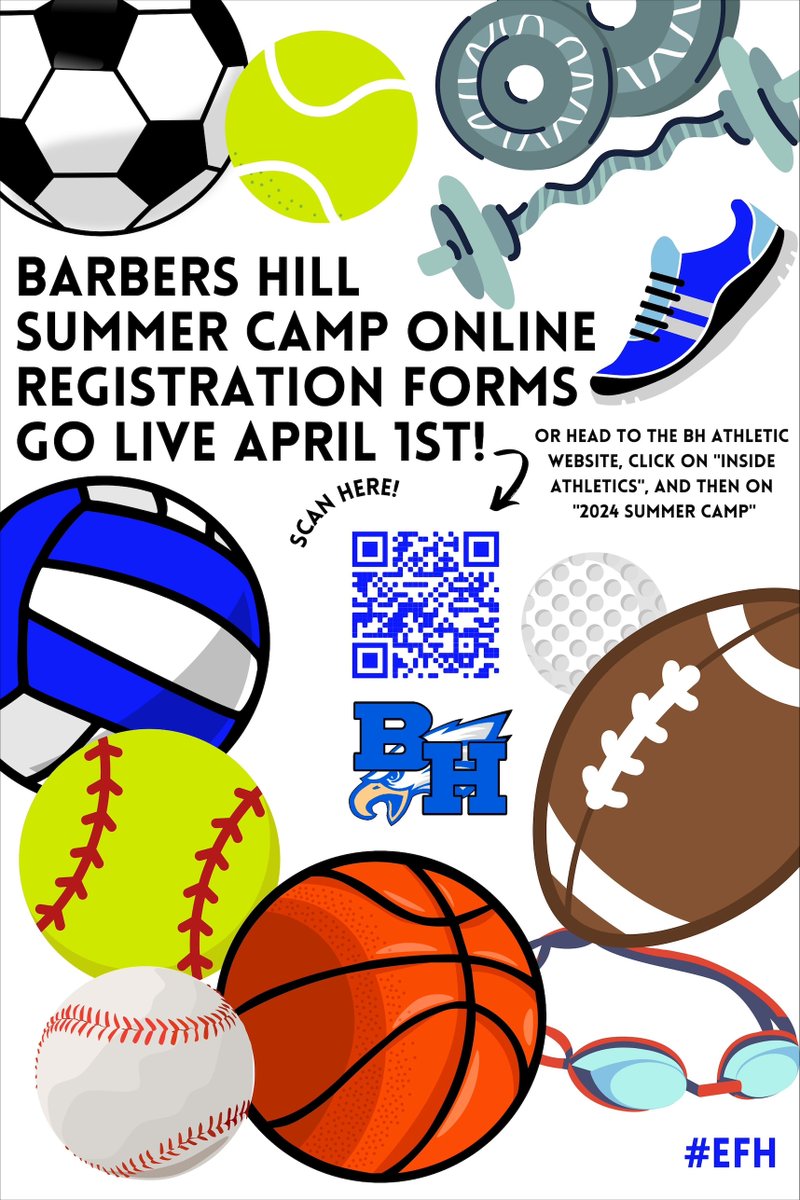 Calling all Barbers Hill Eagle athletes, get signed up for camps! 1st camp starts on May 28th and Strength and Conditioning starts on June 3rd. We must prepare in the summer to compete and win in 2024-25! #EFH