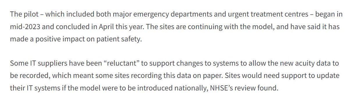 A&Es not being overwhelmed by low acuity patients, according to an NHSE review. hsj.co.uk/emergency-care… @mattdiscombe's story also includes this dispiriting titbit. Once again, IT investment (or the lack thereof) could stymy a good idea.