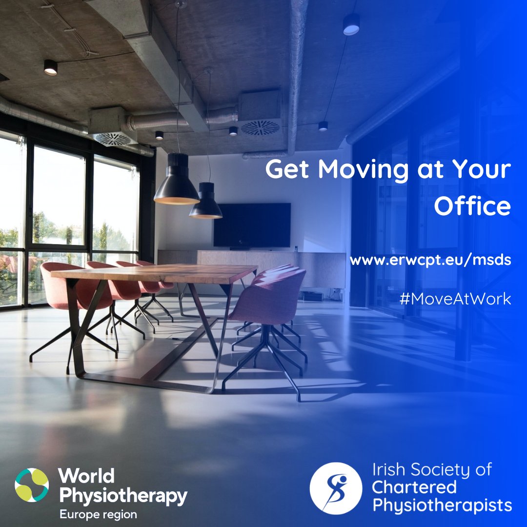 Stay active in the office to invigorate your work. Combat stiffness, stimulate creativity, and improve overall well-being. Find ways to enhance your workplace wellness at erwcpt.eu/msds. #moveatwork #AskThePhysio #choosechartered