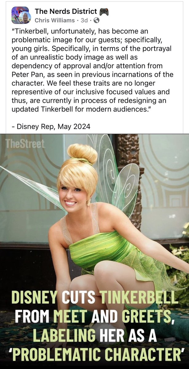 Tinkerbell is cancelled now. “Tinkerbell unfortunately has become a problematic image for our guests…” 

Woke destroys everything. No wonder mental health is declining.