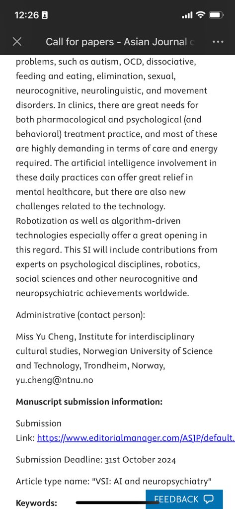 🤗 Our #CfP "Robot (AI) applications in neuropsychiatric disorders," is ready for your contributions to the Asian Journal of Psychiatry, <a href="/sciencedirect/">Elsevier | ScienceDirect</a> <a href="/ElsevierConnect/">Elsevier</a>!🤖 

👀 This #SI will include contributions from experts on #psychological disciplines, #robotics,