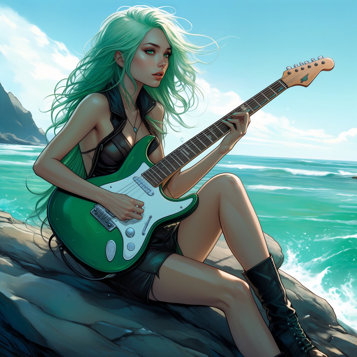 She strums a melody, her eyes closed, as the sun rises on the horizon, painting a serene sky.

Good morning!

#AIart #AIArtwork #aigirl #aiart #AIイラスト #AI美女 #ComfyUI #goodmorning