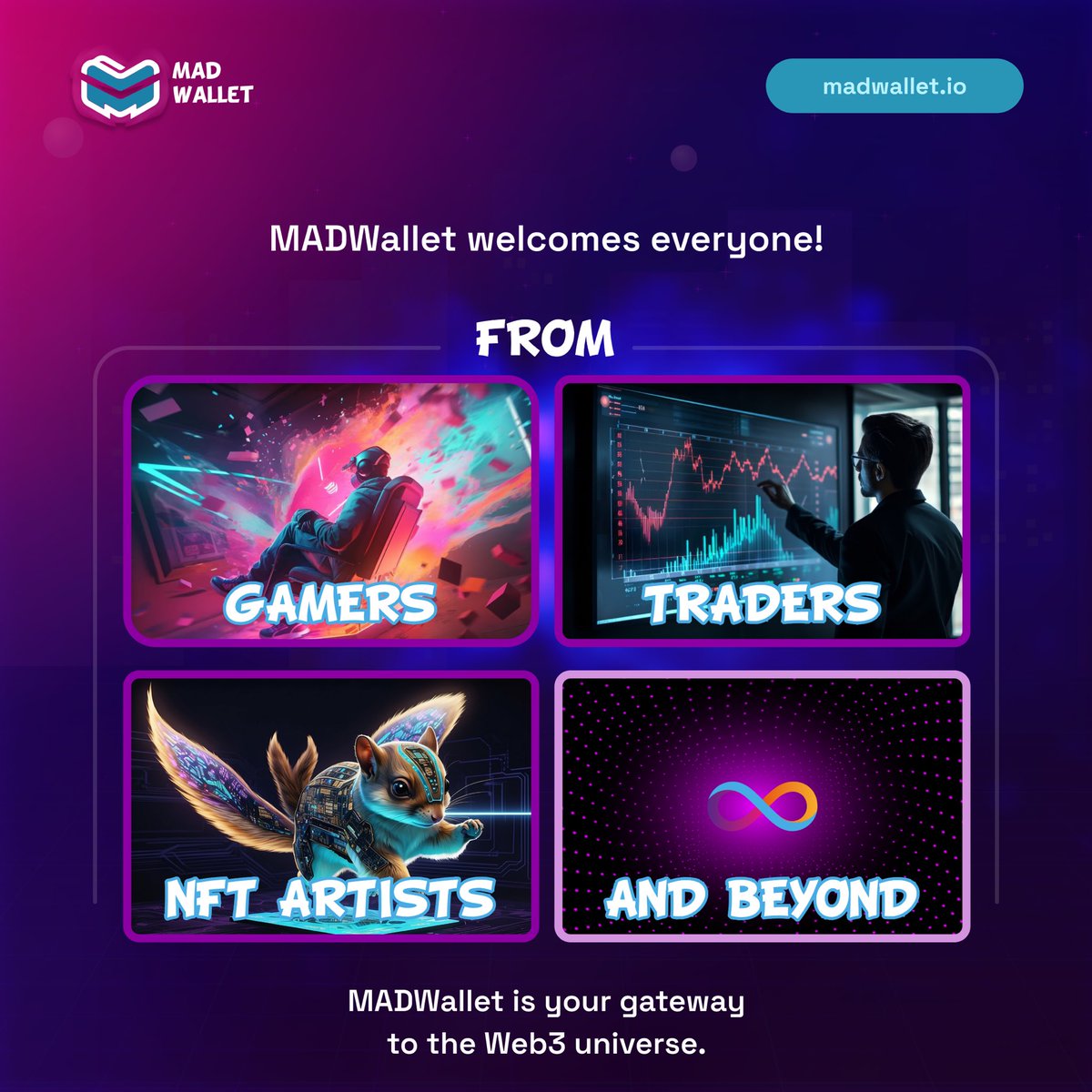 MADWallet is creating an innovative solution that cuts across all areas!

From gamers to traders, NFT artists, and beyond.

Enjoy the next level of an immersive defi experience with MADWallet.

Visit madwallet.io to get the desktop extension now!

#web3 #bitcoin