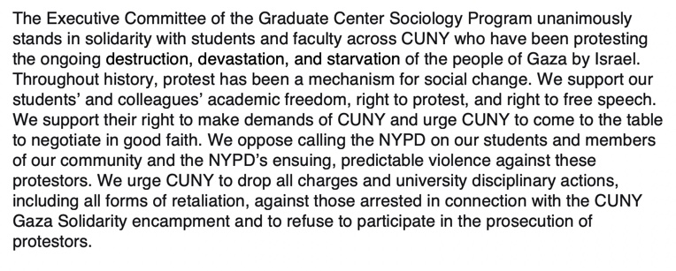 Full statement from GC Sociology Executive Committee