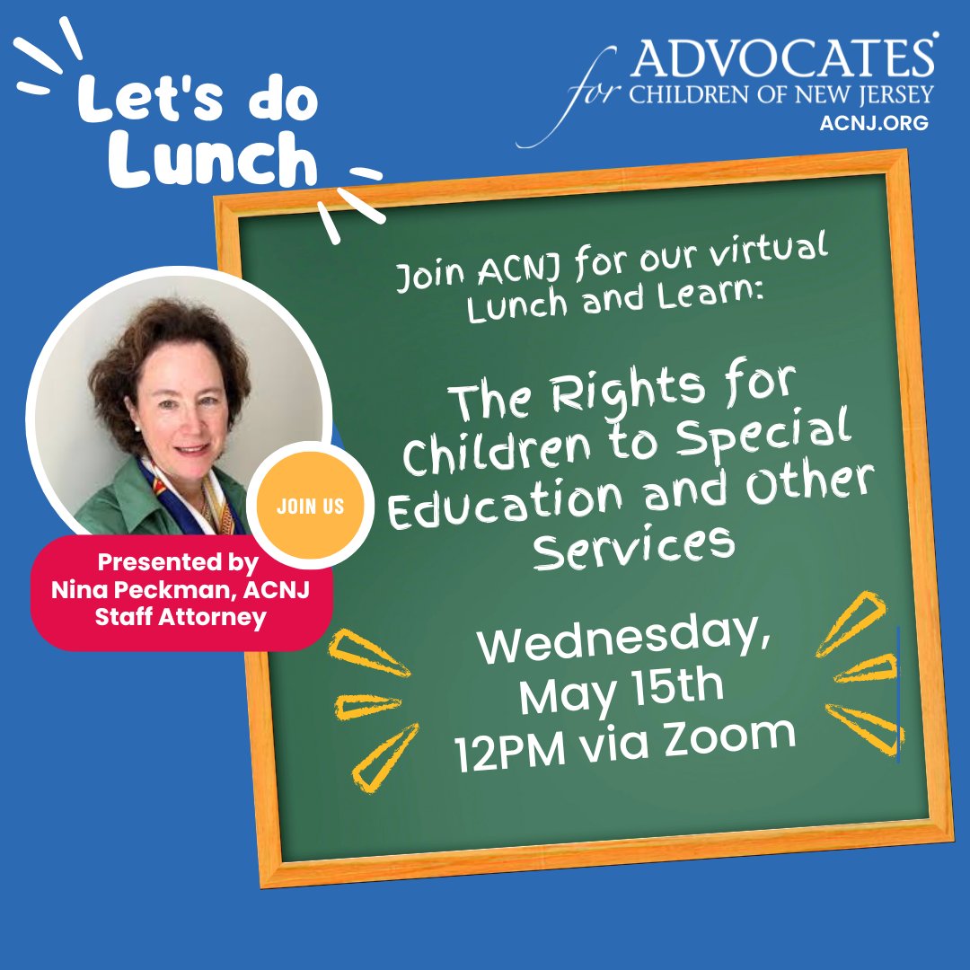 Join us for our next #LunchandLearn this Wed! The topic: The Rights for Children to Special Education and Other Services, presented by Nina Peckman, ACNJ Staff Attorney. Register here: us06web.zoom.us/meeting/regist… #njparents #specialed #njspecialed #iep #iepgoals #specialednj