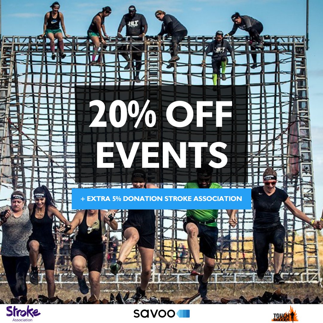 Get 20% off events like @ToughMudder at @Savoo and an extra 5% donation will be made to the Stroke Association. So you can help us rebuild lives after stroke while looking to take on your next big challenge!💜