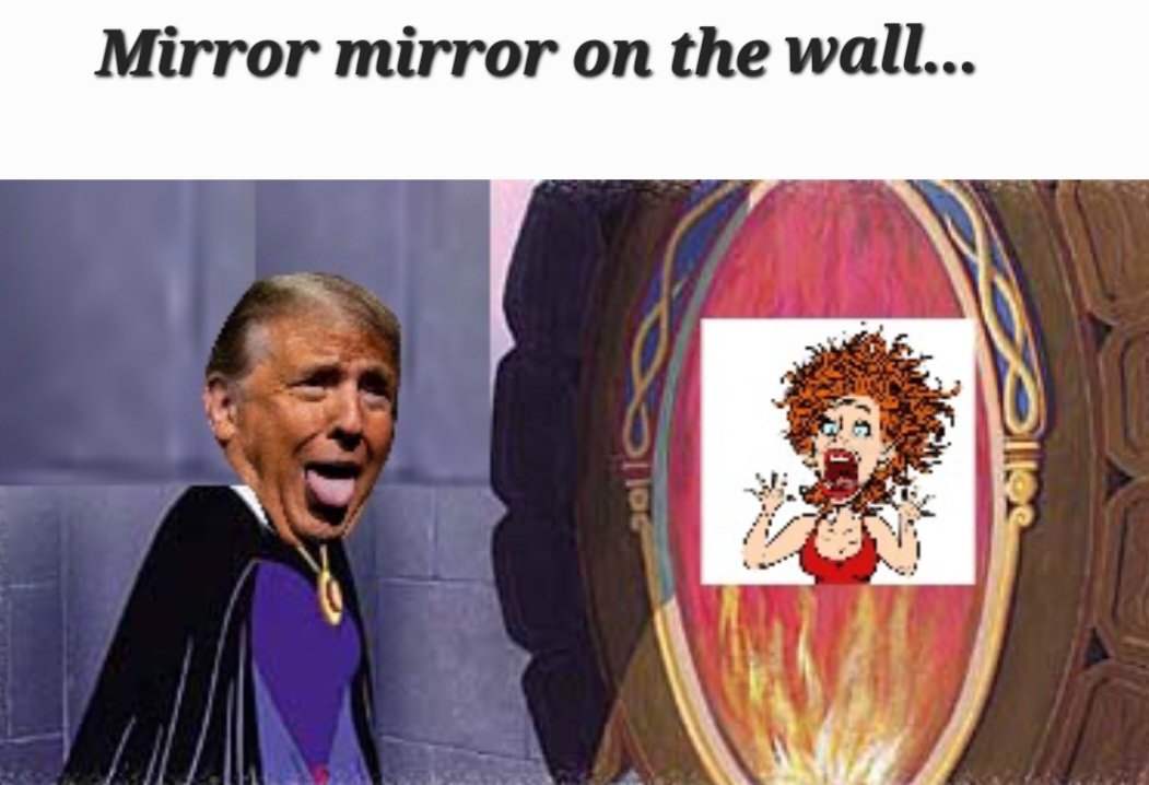 'Mirror mirror on the wall,who's the biggest:#dotard #TrumpIsARapist #racist #TraitorTrump #TrumpIsACriminal failed #Coup plotter(hey, it's #Trump) #grifter morbidly #obese failed humyn w/#DementiaDon #VonSchitzenpants #DonSnoreleone of them all?👅 Why,#DonaldTrump, come on down!