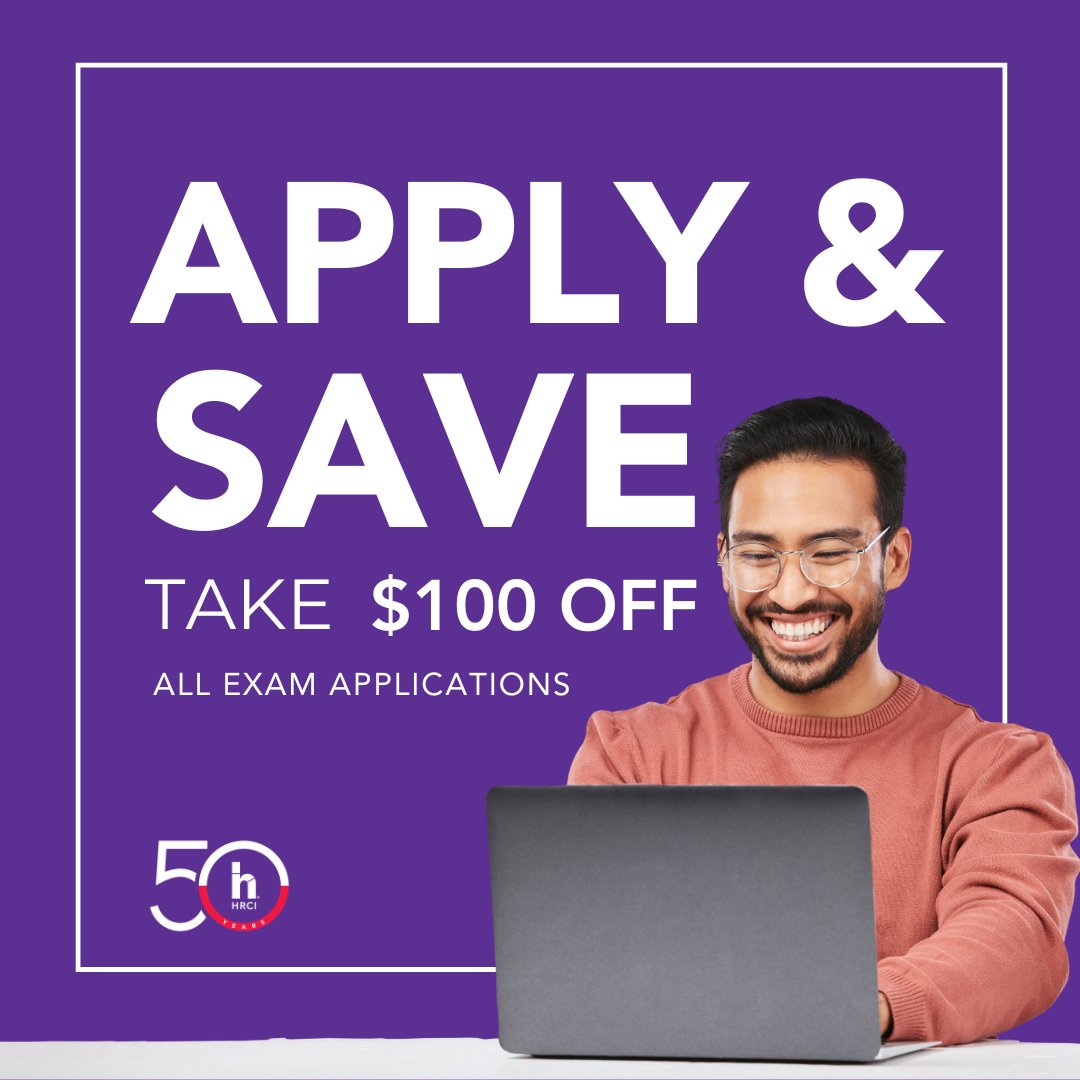 Apply now and receive $100 off any HRCI exam application fee using code SAVE100 through May 24, 2024. 

Advance your career with an HRCI certification. Visit ow.ly/UQJI50REmZJ for more details.

#HRCI #HR #HumanResources #HRCICertifications #HRCertifications #HRPros