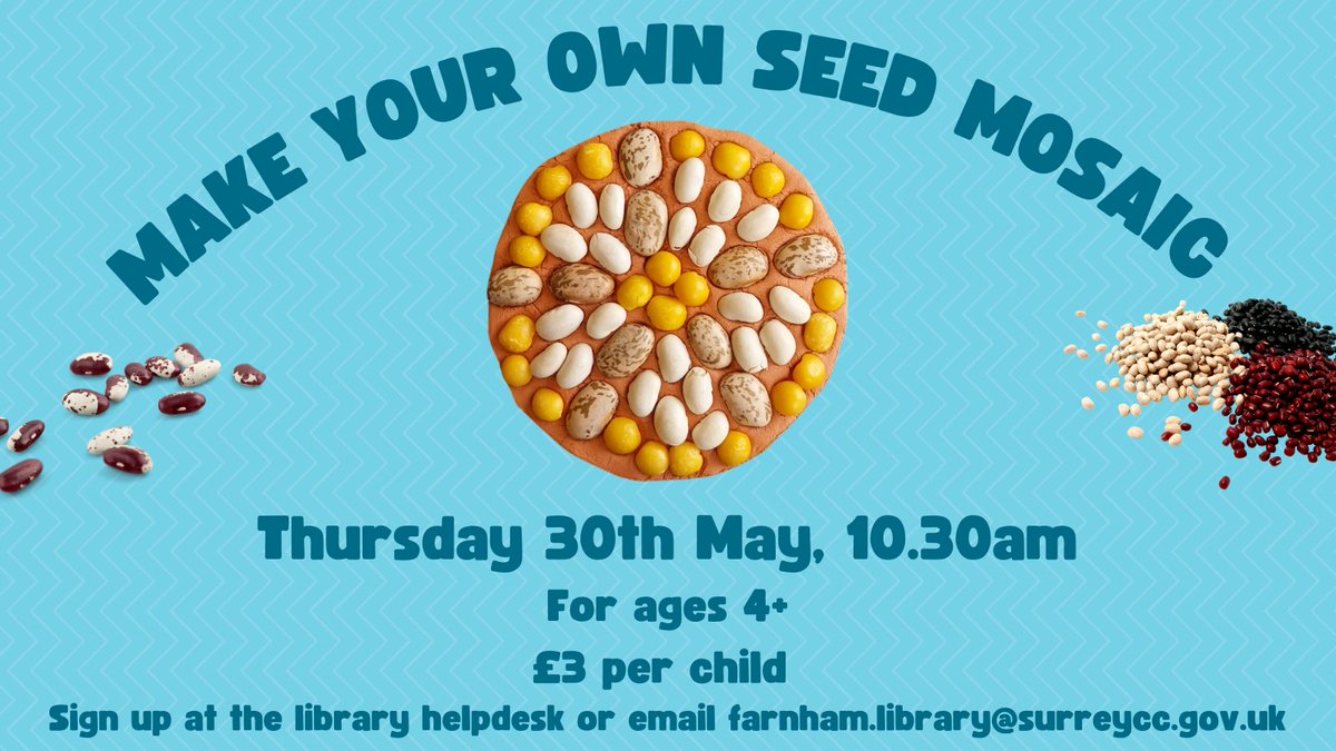 Looking for a fun half term activity? Join us on Tuesday 30th May at 10.30am to make your own seed mosaic 🌱 £3 per child, suitable for ages 4+ Please book at the library helpdesk or email farnham.library@surreycc.gov.uk 📧