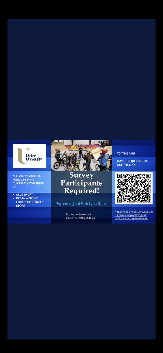 Survey Participants Required! Are you playing competitive sport and aged 18+? If so, can you please support us by completing the following survey on psychological safety in sport? All details are listed within the link: app.onlinesurveys.jisc.ac.uk/s/ulster/psych…