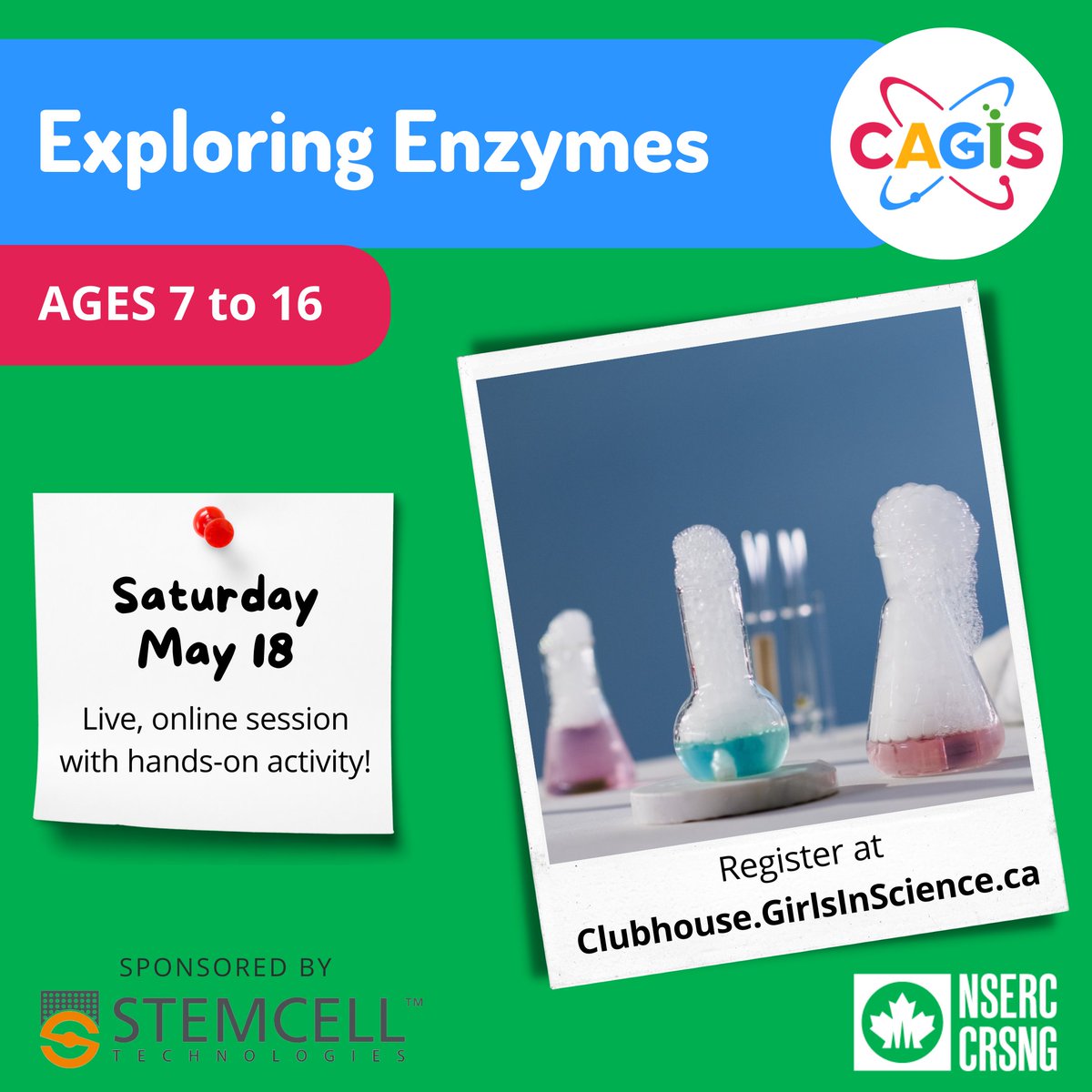 Step into the shoes of a biochemist! In this session, we will experiment with enzymes—amazing molecular helpers that speed up chemical reactions in living things! Thank you to @STEMCELLTech for sponsoring this event! Register at Clubhouse.GirlsInScience.ca/CAGIS-Virtual 🧪 #GirlsInScience